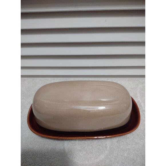 Sango Nova Brown dual tone tan stoneware covered butter dish plate with top - Picture 2 of 4